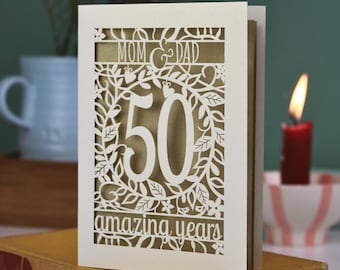 Biglietto di auguri per il 50° anniversario di matrimonio in carta tagliata / Biglietti personalizzati tagliati al laser / 50 anni fantastici
