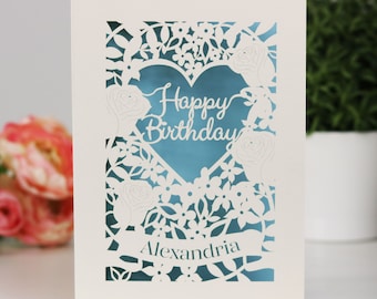 Personalised Birthday Heart Card, Papercut Bday Cards, Roses, Heart, SKU_Happy Birthday Heart