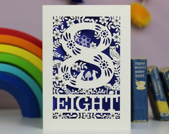 Eight Papercut Card, Laser Cut 8th Birthday Card, 8 Years Old age card, child age card, Woodland Animals