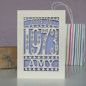 Personalised Papercut Born In 1973 50th Birthday Card A5 size, sku_Born_in Lilac