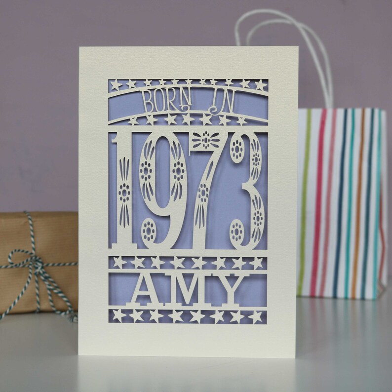 Personalised Papercut Born In 1973 50th Birthday Card A5 size, sku_Born_in Lilac