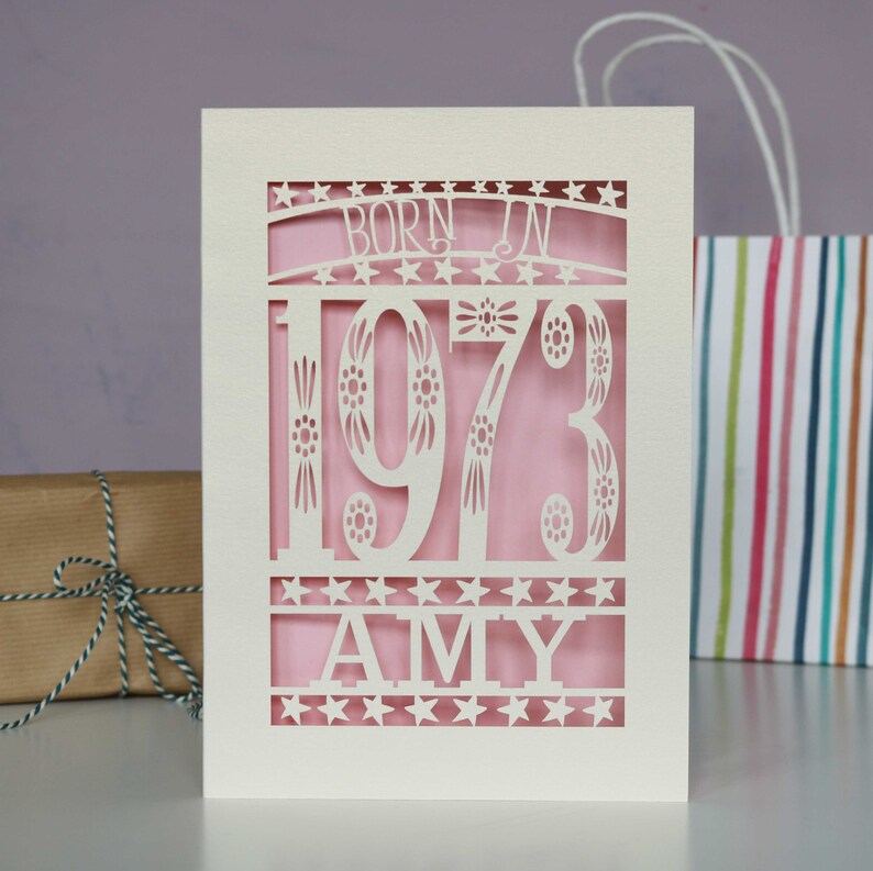 Personalised Papercut Born In 1973 50th Birthday Card A5 size, sku_Born_in Candy Pink