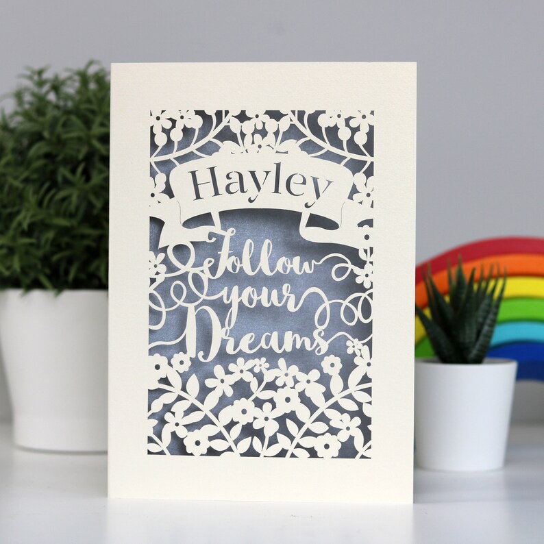 Follow Your Dreams Personalised Papercut Card, Good Luck, Graduation, Leaving Card, Laser Cut Card, sku_follow_your_dreams Silver