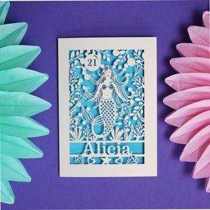 Carte personnalisée sirène en papier découpé, carte d'âge d'anniversaire, carte découpée au laser