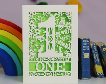 One Papercut Card, Laser Cut First Birthday Card, Woodland Animals, SKU-woodland_numbers