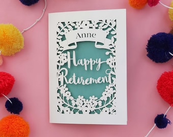 Tarjeta de jubilación personalizada con corte de papel, corte láser en su tarjeta de felicitación de jubilación, salida, jubilación, sku_retirement