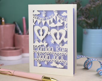 Personalised Papercut Twins Card, Laser Cut New Baby Twins Cards
