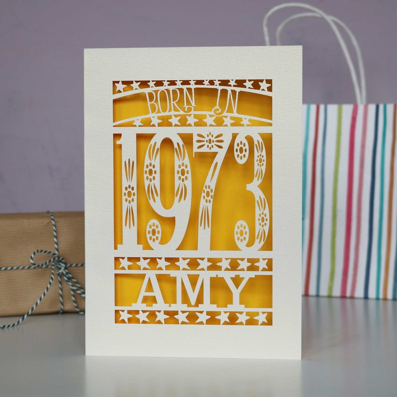 Personalised Papercut Born In 1973 50th Birthday Card A5 size, sku_Born_in Sunshine Yellow