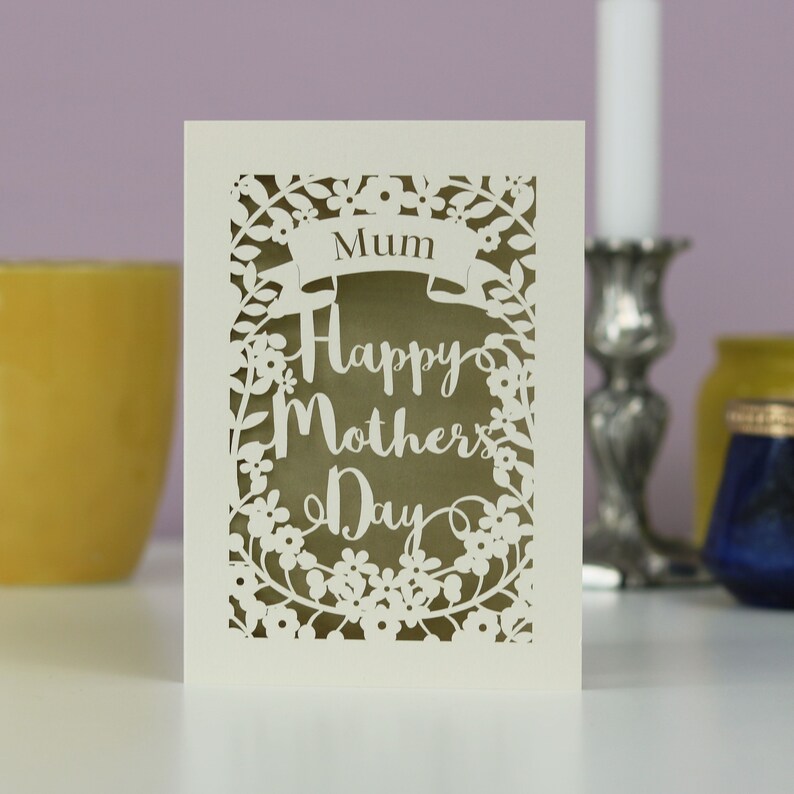 Personalised Papercut Happy Mother's Day Card, Laser cut mummy card, sku_m.p.banner Gold Leaf