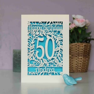 Carte d'anniversaire personnalisée découpée au laser, découpée au laser, fleur d'âge, carte d'âge floral joyeux anniversaire, cartes faites main au Royaume-Uni Peacock Blue