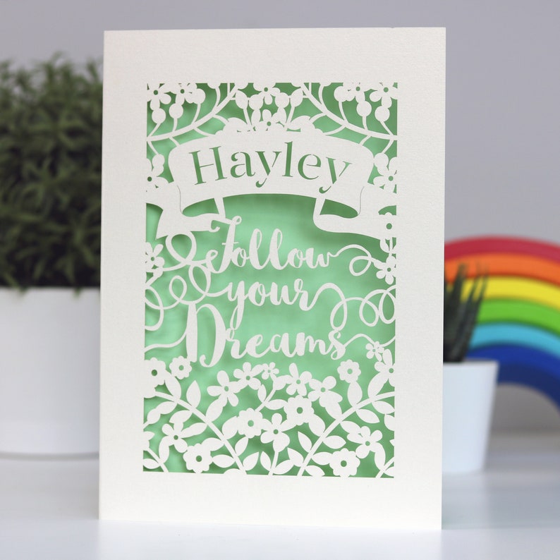 Follow Your Dreams Personalised Papercut Card, Good Luck, Graduation, Leaving Card, Laser Cut Card, sku_follow_your_dreams Light green