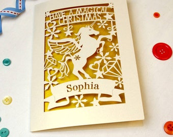 Personalised Papercut Unicorn Christmas Card, Cream and Super Gold, SKU_magical