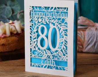 Personalized 80th Birthday Card: Floral Papercut, Laser Cut Design
