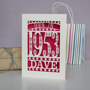 Personalised Papercut Born In 1953 70th Birthday Card A5 size, sku_Born_in Shocking Pink