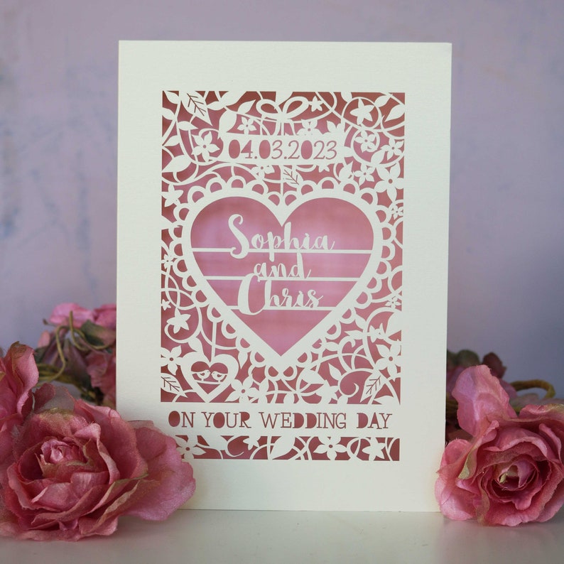 Personalised Papercut On Your Wedding Day Card, Laser Cut Wedding Card, Paper Cut Card for Weddings, sku_On_Your_Wedding_Day Candy Pink