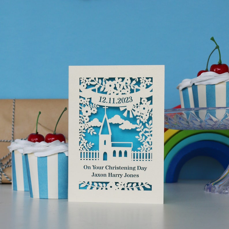 Personalised Papercut Floral Christening Card, sku_floral_christening Peacock Blue