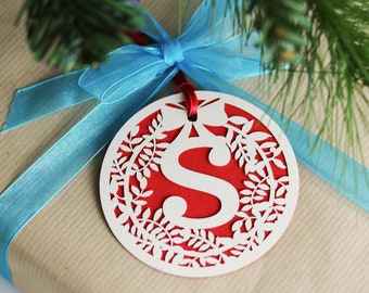 Set Of Five Papercut Wreath Initial Gift Tags, Christmas Gift Wrap