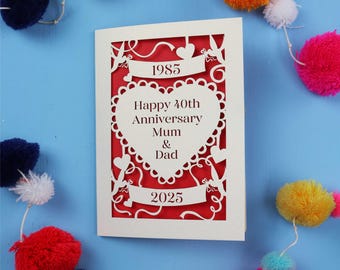 Carte papercut d'anniversaire de mariage rubis, carte personnalisée 40e anniversaire