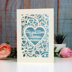 Personalised Papercut Heart Wedding Card, Wedding Cards, Mr and Mrs Papercut Wedding Card Anniversary Card, sku_heart_wedding Light Blue