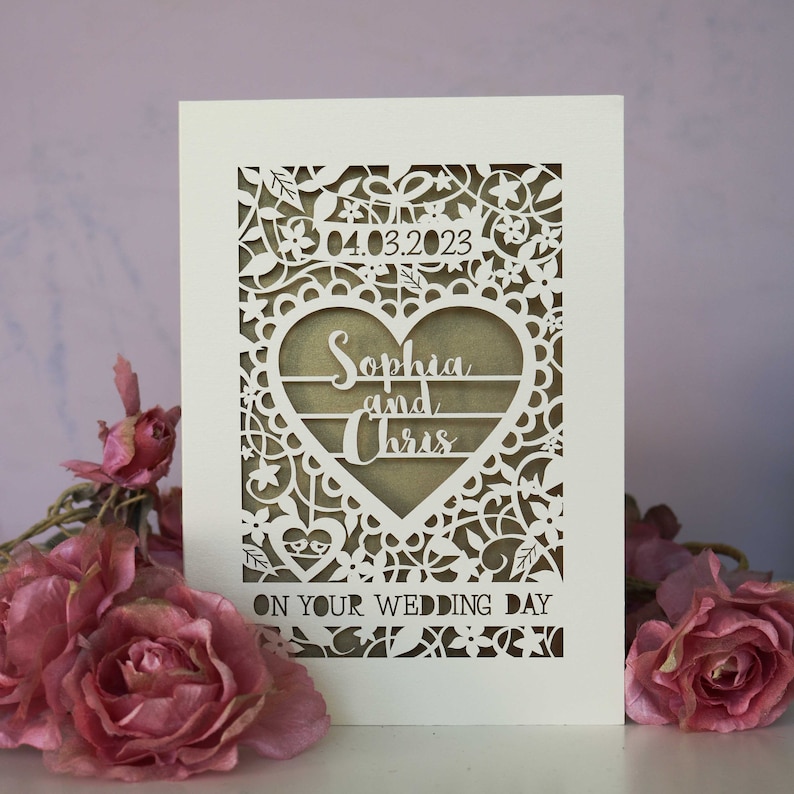 Carte personnalisée le jour de votre mariage, carte de mariage découpée au laser, carte de mariage découpée au laser, cartes faites main au Royaume-Uni Gold Leaf