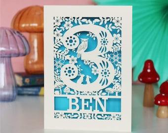 Personalised Papercut Three Woodland Animals Birthday Card