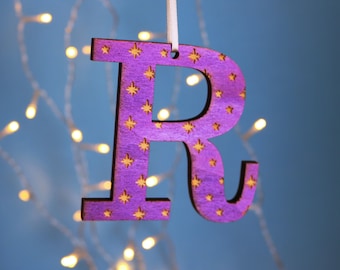 Purple Initial Hanging Christmas Decoration, Engraved Stars Tree Ornament, Hand Painted Letter