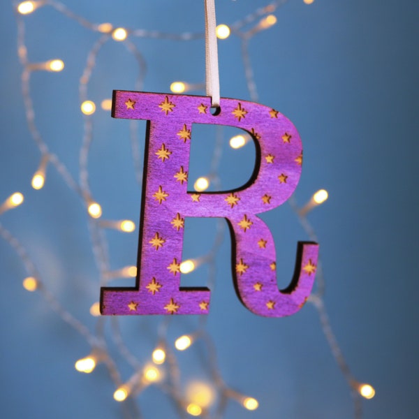 Purple Initial Hanging Christmas Decoration, Engraved Stars Tree Ornament, Hand Painted Letter