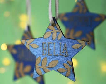 Personalised Blue Star Christmas Decoration, Engraved Tree Decoration Secret Santa Gift or Stocking Stuffer