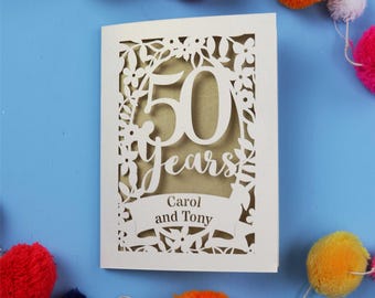 Personalised 50th Anniversary Card, Paper Cut 50 Years Golden Wedding Anniversary Card