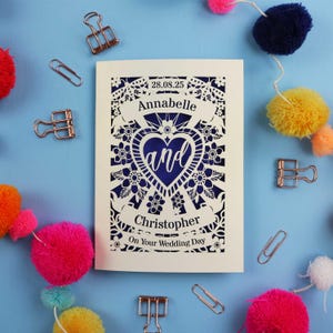 A personalised laser cut wedding card with floral filigree papercut design. Card has a space for the date at the top, a banner with a name, a heart shape with the word 'and' and another banner for the second person's name. Card says on your wedding day at the bottom.