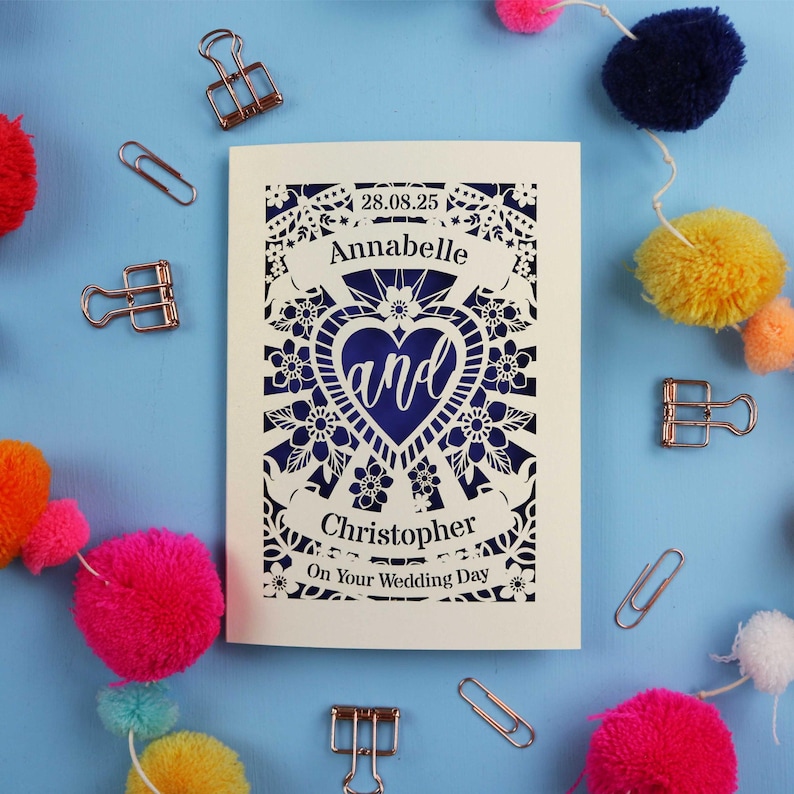 A personalised laser cut wedding card with floral filigree papercut design. Card has a space for the date at the top, a banner with a name, a heart shape with the word 'and' and another banner for the second person's name. Card says on your wedding day at the bottom.