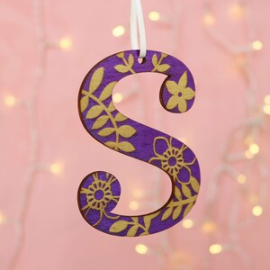 Wooden Letter Hanging Decoration, Floral Painted Engraved Initial Gift Tag, Christmas Ornament image 6