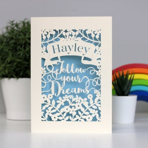 Follow Your Dreams Personalised Papercut Card, Good Luck, Graduation, Leaving Card, Laser Cut Card, sku_follow_your_dreams Light Blue