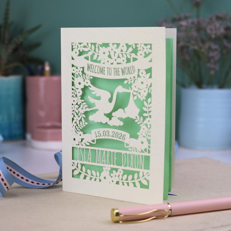 A gorgeous new baby card depicting a stork carrying a bundle surrounded with leaves, flowers and clouds. A banner saying Welcome To The World across the top,  and a second banner below with the baby's date of birth and their name under that. Shown standing on a white desk with stationery items in the fore and background. Its cut from cream cardstock and has a light green insert paper.
