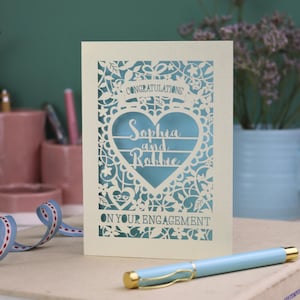A laser cut engagement card with intricate floral cut out design, the word "Congratulations" in a banner at the top, a heart shape border with 3 lines of text, 'Name and Name', and 'On Your Engagement' in cut out lettering across the bottom of the card.