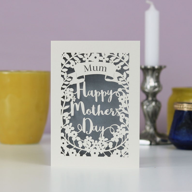 Personalised Papercut Happy Mother's Day Card, Laser cut mummy card, sku_m.p.banner Silver