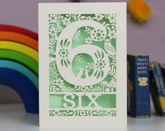 Six Papercut Card, Laser Cut 6th Birthday Card, sixth Birthday, 6 Years Old, Woodland Animals