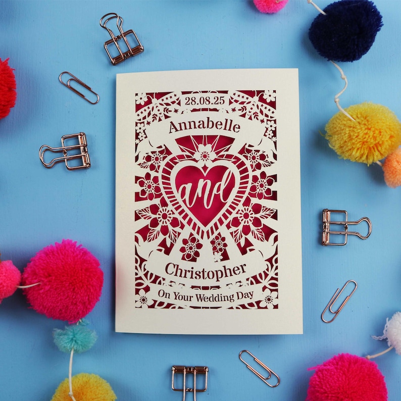 A personalised laser cut wedding card with floral filigree papercut design. Card has a space for the date at the top, a banner with a name, a heart shape with the word 'and' and another banner for the second person's name. Card says on your wedding day at the bottom.