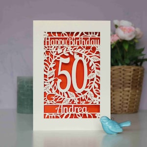 Carte d'anniversaire personnalisée découpée au laser, découpée au laser, fleur d'âge, carte d'âge floral joyeux anniversaire, cartes faites main au Royaume-Uni Orange