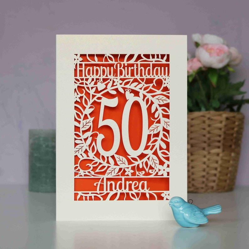 Carte d'anniversaire personnalisée découpée au laser, découpée au laser, fleur d'âge, carte d'âge floral joyeux anniversaire, cartes faites main au Royaume-Uni Orange