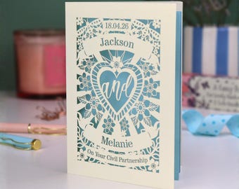 Civil Partnership Card | Personalised Papercut Wedding Card | Sacred Heart Design