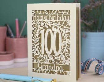 Tarjeta de cumpleaños número 100 personalizada / Diseño de flor recortada en papel con corte láser
