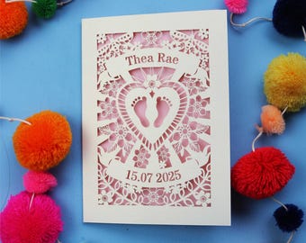 New Baby Card - Personalized Papercut New Baby Girl Card - New Baby Boy Card - Sacred Heart Design