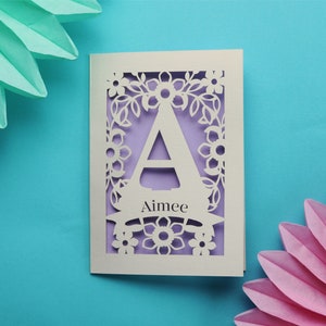 Personalised Papercut Initial Name Card, New Baby or Birthday Laser Cut Card