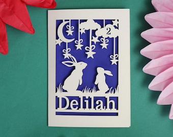 Personalised Papercut Bunny Birthday Card, Children's Birthday Card, Rabbits Moon Sky Card, sku_bunny