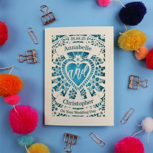 A personalised laser cut wedding card with floral filigree papercut design. Card has a space for the date at the top, a banner with a name, a heart shape with the word 'and' and another banner for the second person's name. Card says on your wedding day at the bottom.