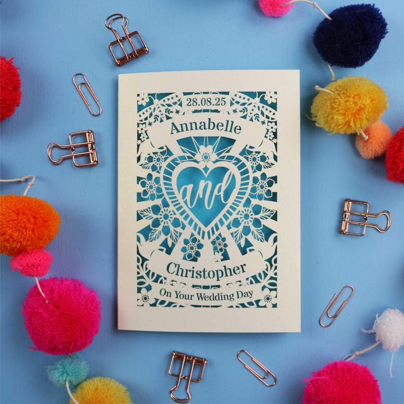 A personalised laser cut wedding card with floral filigree papercut design. Card has a space for the date at the top, a banner with a name, a heart shape with the word 'and' and another banner for the second person's name. Card says on your wedding day at the bottom.