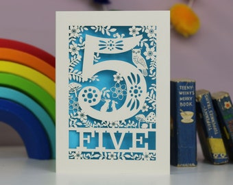 Five Papercut Card, Laser Cut 5th Birthday Card, fifth Birthday, 5 Years Old, Woodland Animals