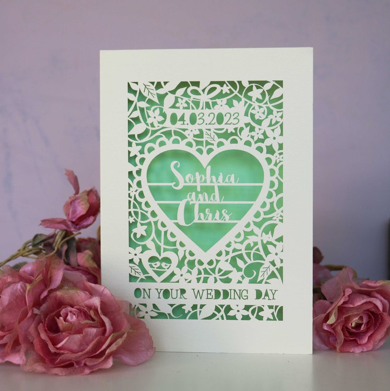 Papier découpé personnalisé le jour de votre mariage, carte de mariage découpée au laser, carte découpée en papier pour mariage, sku_On_Your_Wedding_Day Light Green