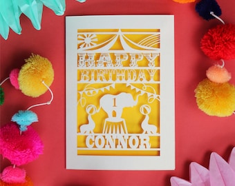 Personalised Papercut Laser Cut Elephant Circus Children's Birthday Age Card, sku_circus_birthday